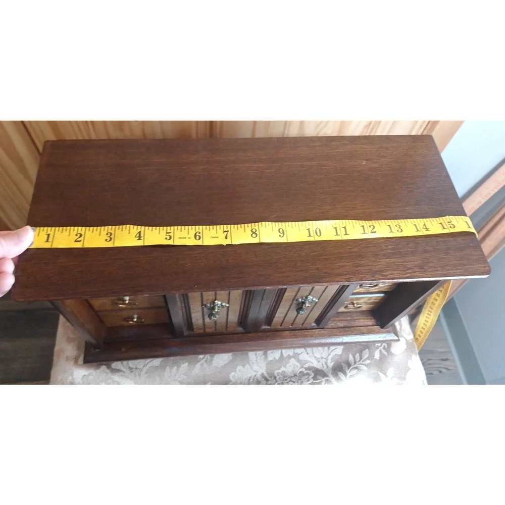 VTG Wood Jewelry Large Box MCM Organizer Japan 16x7x9* READ Cracked Mirror